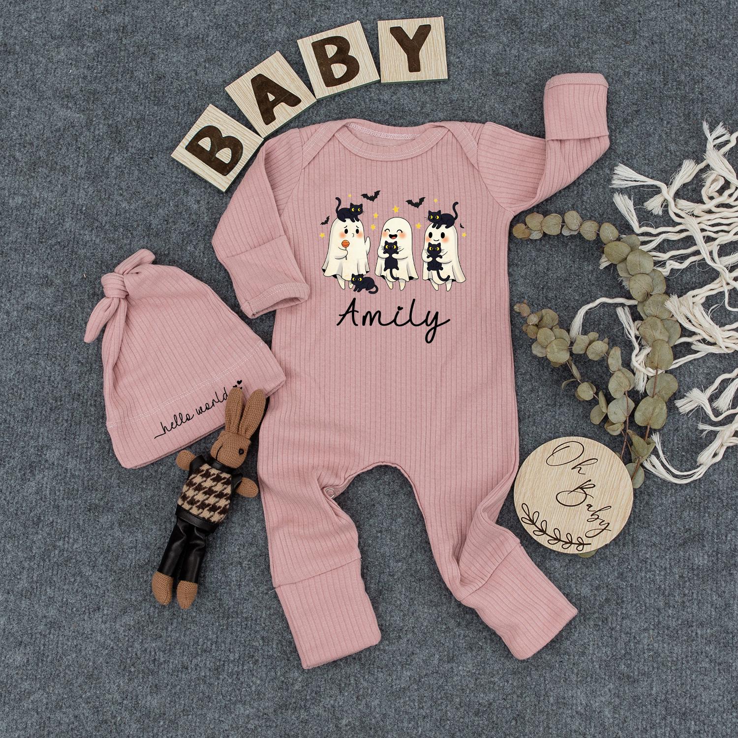 Personalized Halloween Baby Romper Outfit with Cute Ghosts Black Cats Bats Stars Amily Name Newborn Infant Girl Boy Fall Gift