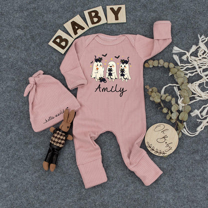Personalized Halloween Baby Romper Outfit with Cute Ghosts Black Cats Bats Stars Amily Name Newborn Infant Girl Boy Fall Gift