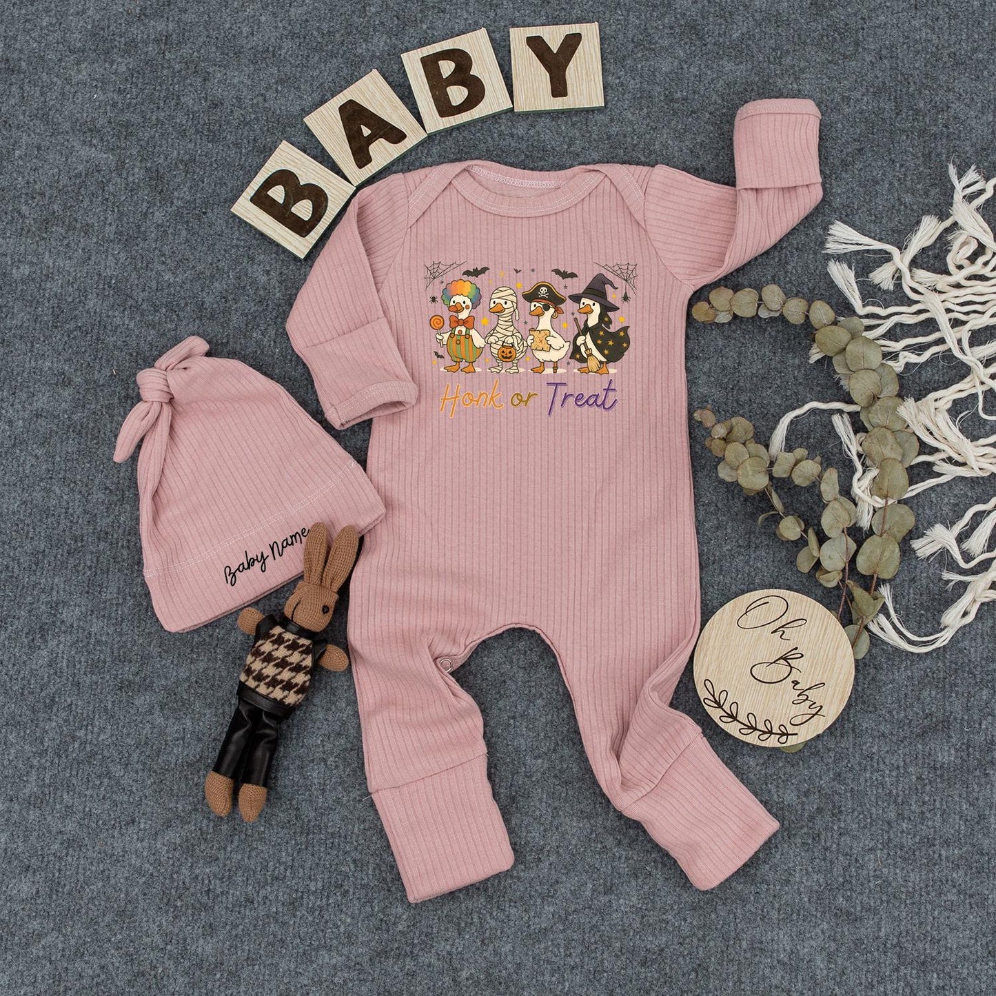 Personalized Baby Halloween Romper & Hat, Honk or Treat Duck Costume Outfit, Whimsical Clown Mummy Pirate Witch Infant Fall Shower Gift Coming Home
