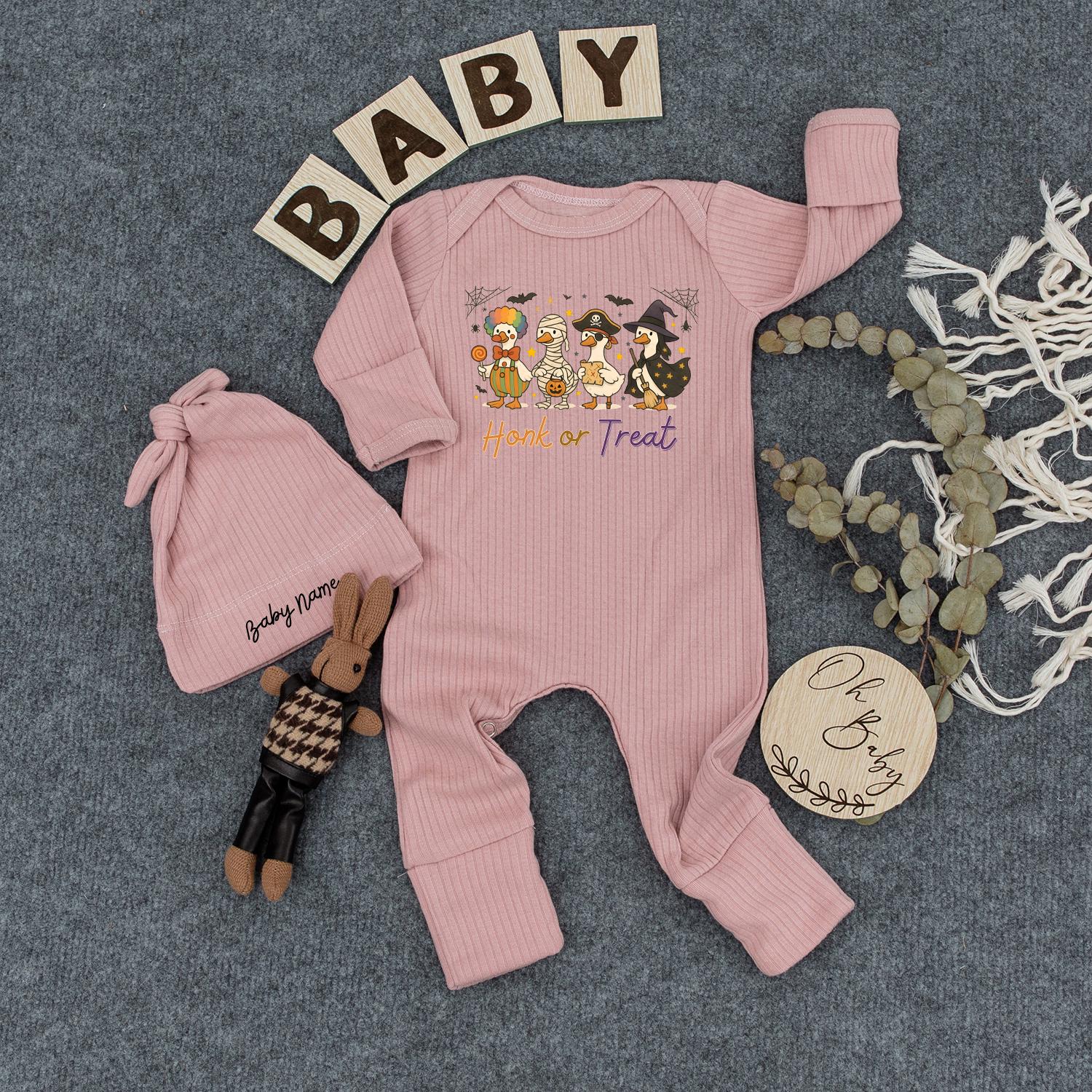 Personalized Baby Halloween Romper & Hat, Honk or Treat Duck Costume Outfit, Whimsical Clown Mummy Pirate Witch Infant Fall Shower Gift Coming Home