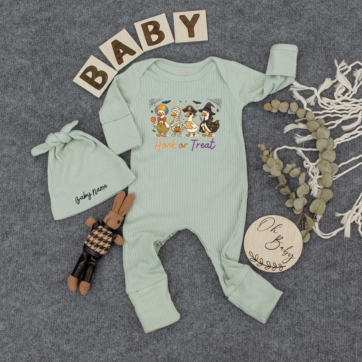 Personalized Baby Halloween Romper & Hat, Honk or Treat Duck Costume Outfit, Whimsical Clown Mummy Pirate Witch Infant Fall Shower Gift Coming Home