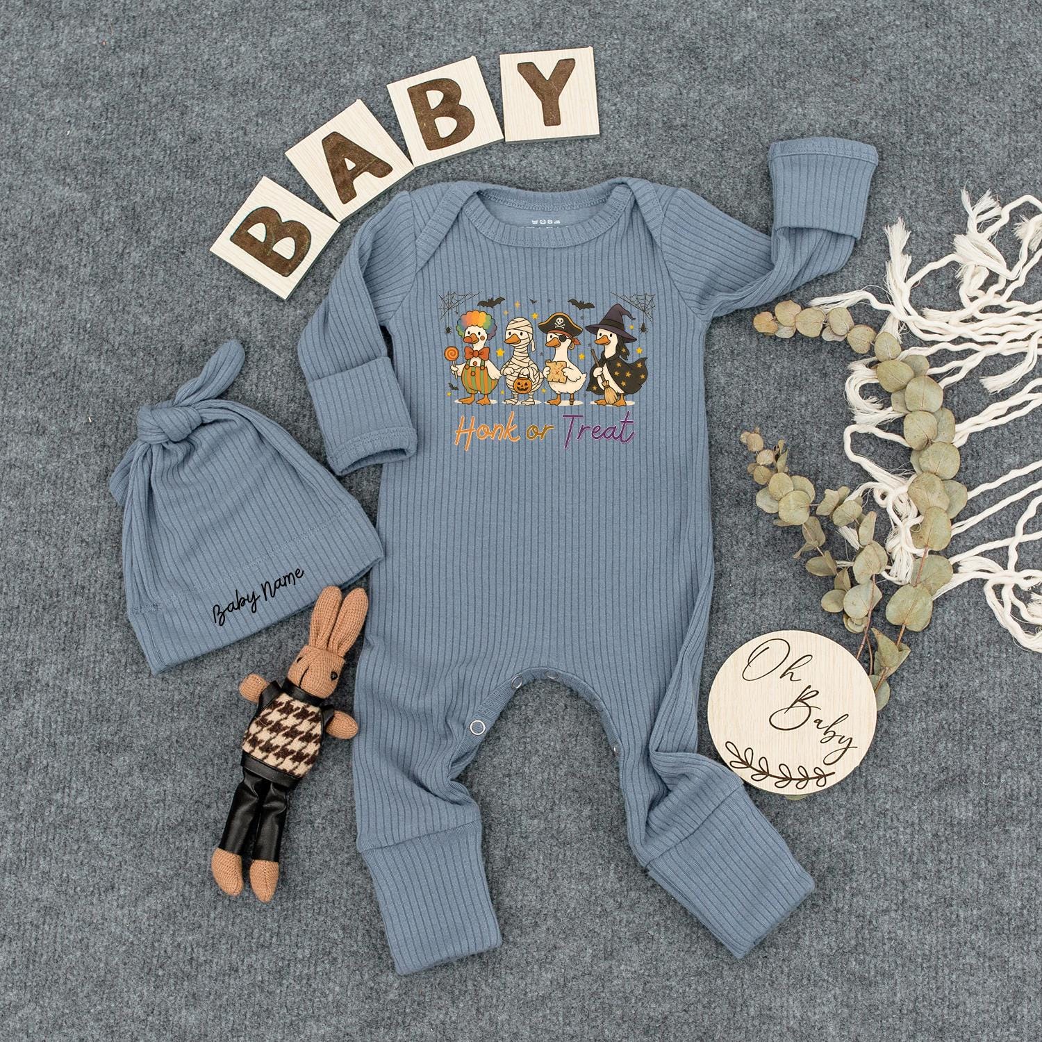 Personalized Baby Halloween Romper & Hat, Honk or Treat Duck Costume Outfit, Whimsical Clown Mummy Pirate Witch Infant Fall Shower Gift Coming Home