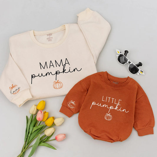 Personalized Little Pumpkin Matching Romper & Sweatshirt, Cute Fall Outfit for Baby & Mama, Thanksgiving Gift Set with Custom Name, Autumn Clothes