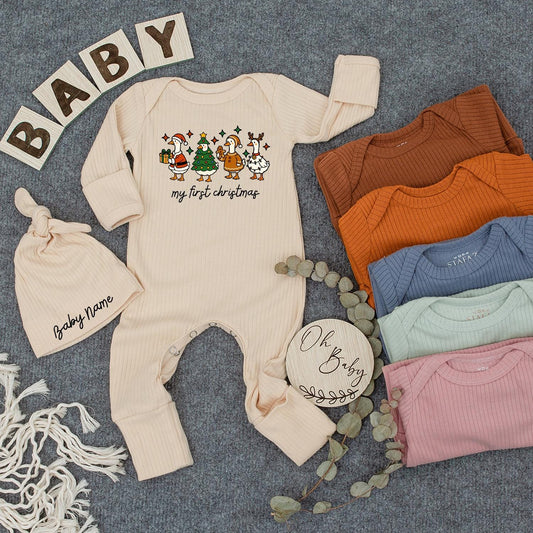 My First Christmas Outfit Baby Bodysuit & Hat Set, Cute Geese Newborn Holiday Romper, Soft Infant Xmas Clothes, Perfect Baby Shower Gift, Coming Home Outfit (138 chars)