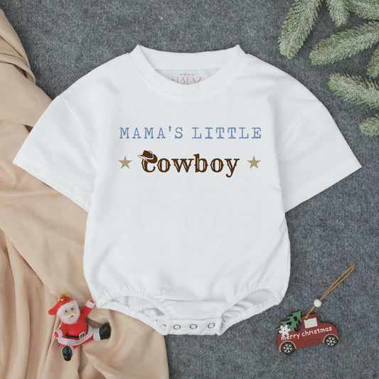 Mama's Little Cowboy Western Bubble Romper with Blue Text Brown Hat Stars Design Mommy's Little Boy Outfit New Mom Mother's Day Bestie Gift