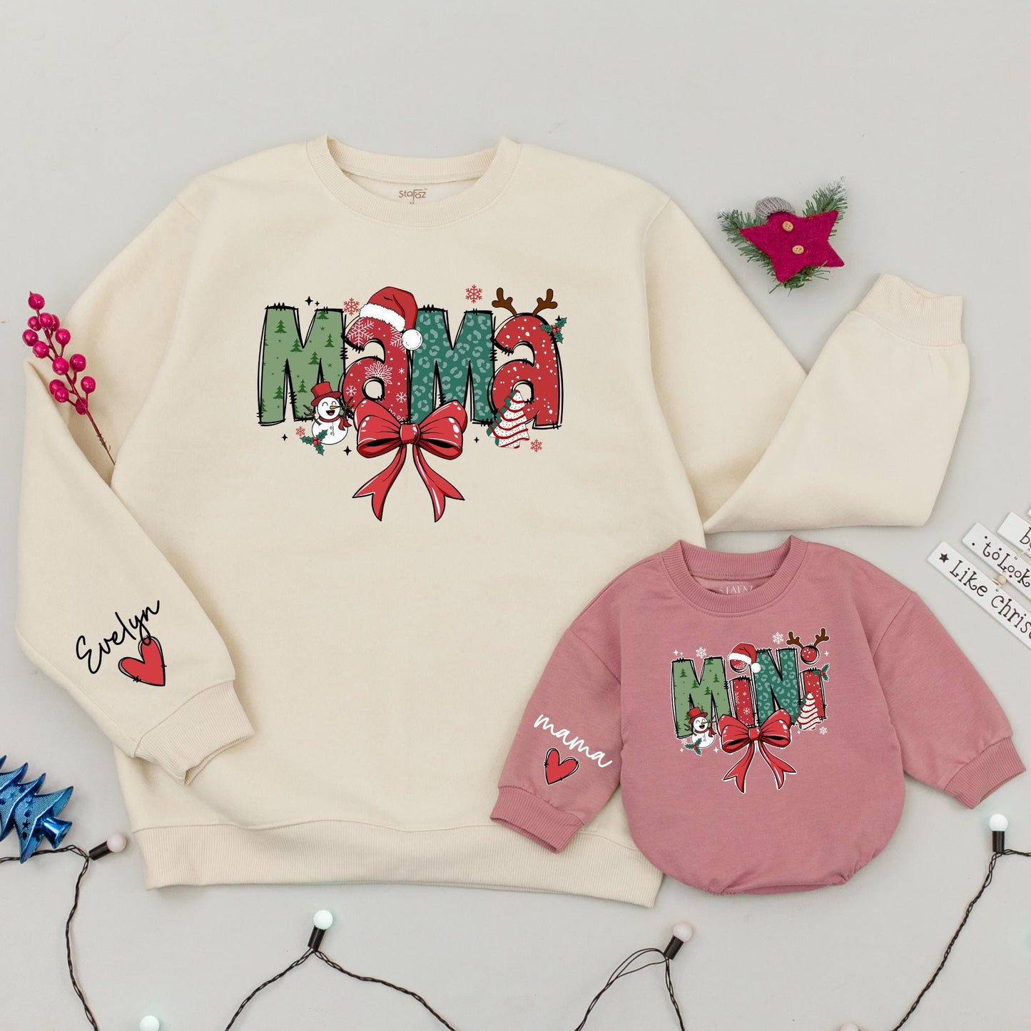 Mama and Mini Claus Matching Christmas Sweatshirt Red Green White Snowflake Tree Antler Ribbon Family Holiday Outfit Mommy and Baby Festive Cozy Gift