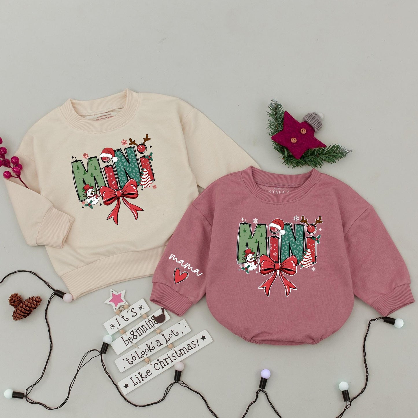Mama and Mini Claus Matching Christmas Sweatshirt Red Green White Snowflake Tree Antler Ribbon Family Holiday Outfit Mommy and Baby Festive Cozy Gift