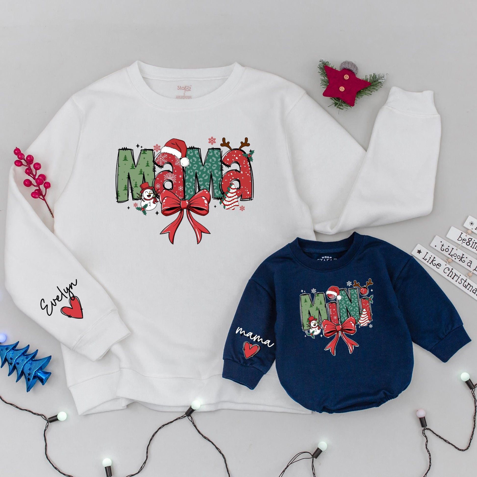 Mama and Mini Claus Matching Christmas Sweatshirt Red Green White Snowflake Tree Antler Ribbon Family Holiday Outfit Mommy and Baby Festive Cozy Gift