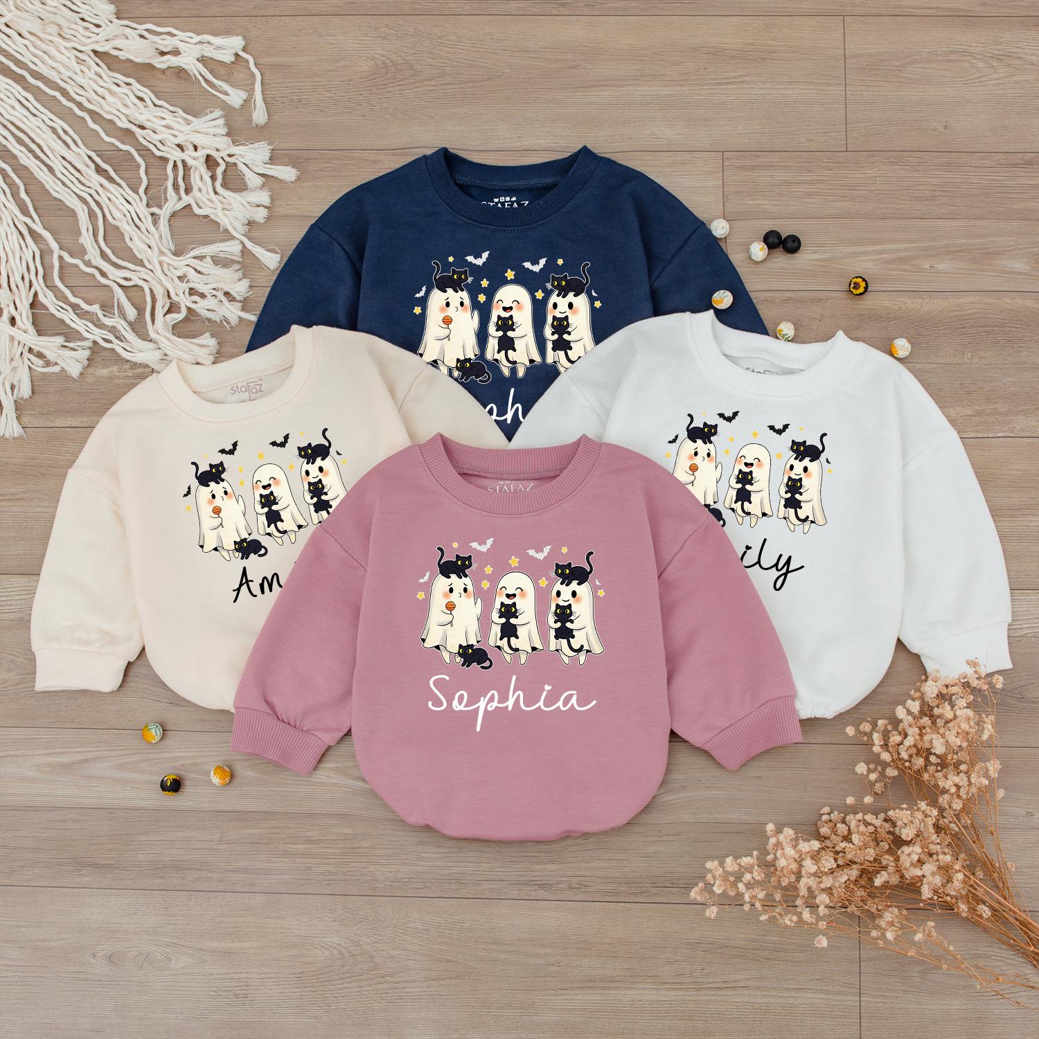 Custom Name Halloween Baby Sweatshirt Cute Ghosts & Bats Fall Toddler Outfit Personalized Spooky Ghost Pumpkin Shirt Baby Shower Gift Unisex