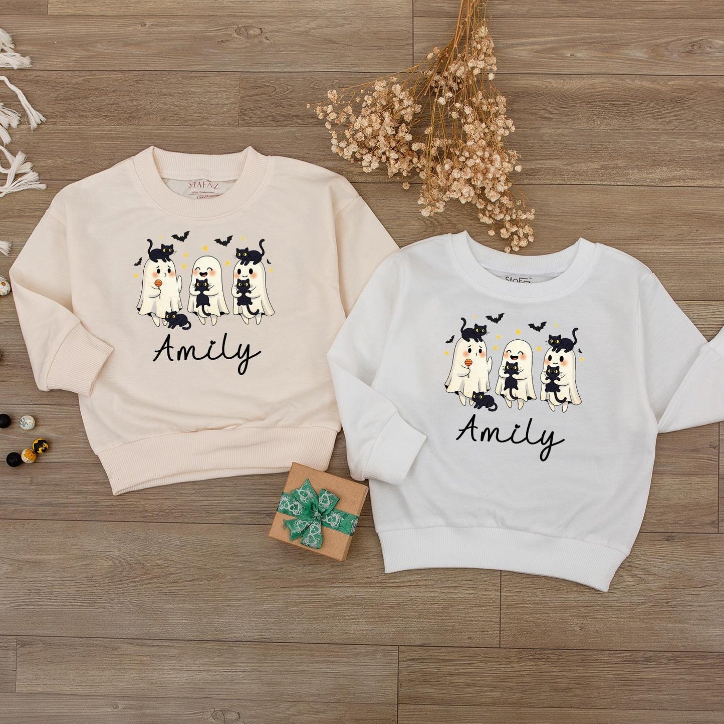 Custom Name Halloween Baby Sweatshirt Cute Ghosts & Bats Fall Toddler Outfit Personalized Spooky Ghost Pumpkin Shirt Baby Shower Gift Unisex