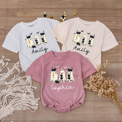 Custom Name Halloween Baby Sweatshirt Cute Ghosts & Bats Fall Toddler Outfit Personalized Spooky Ghost Pumpkin Shirt Baby Shower Gift Unisex