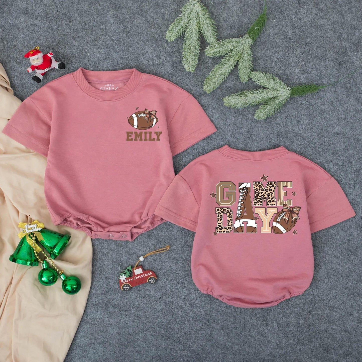 Custom Name "EMILY" Pink Football Baby Romper Cute Sporty Game Day Girl Outfit with Bows and Stars Toddler Infant Outfit