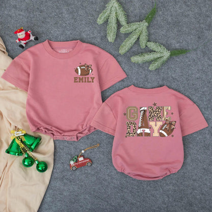 Custom Name "EMILY" Pink Football Baby Romper Cute Sporty Game Day Girl Outfit with Bows and Stars Toddler Infant Outfit