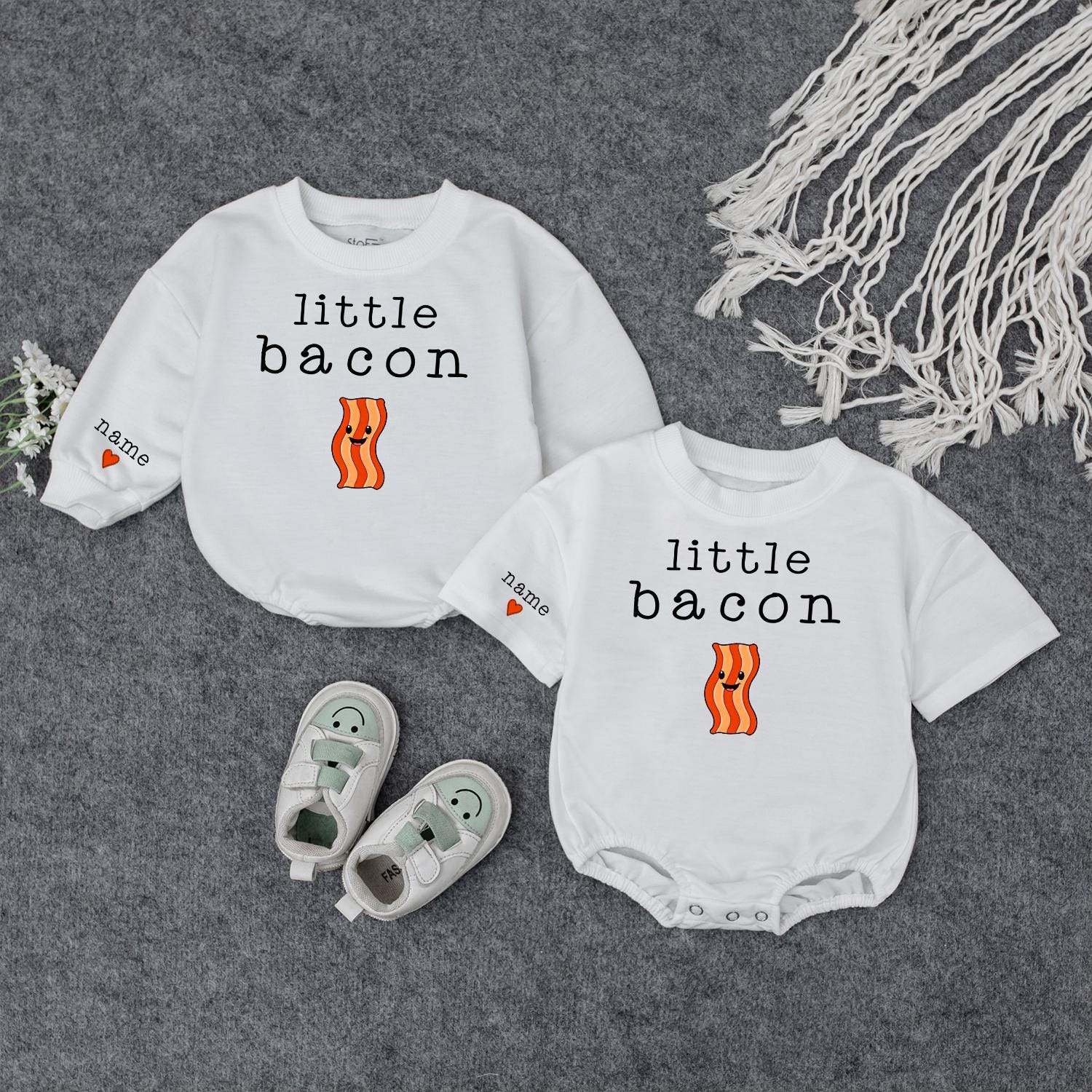 Custom Name Little Bacon Matching Sibling Baby Bodysuit Toddler Sweatshirt Playful Smiling Bacon Funny Food Newborn Gift