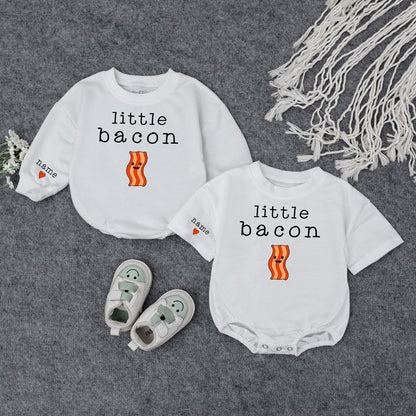 Custom Name Little Bacon Matching Sibling Baby Bodysuit Toddler Sweatshirt Playful Smiling Bacon Funny Food Newborn Gift