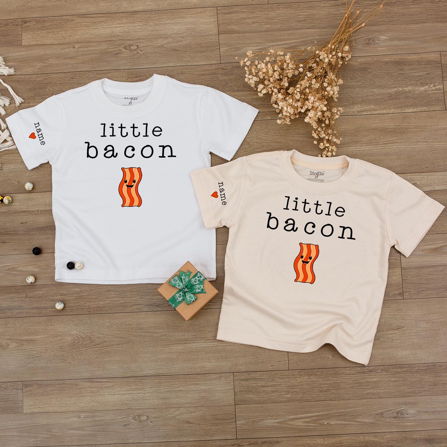 Custom Name Little Bacon Matching Sibling Baby Bodysuit Toddler Sweatshirt Playful Smiling Bacon Funny Food Newborn Gift