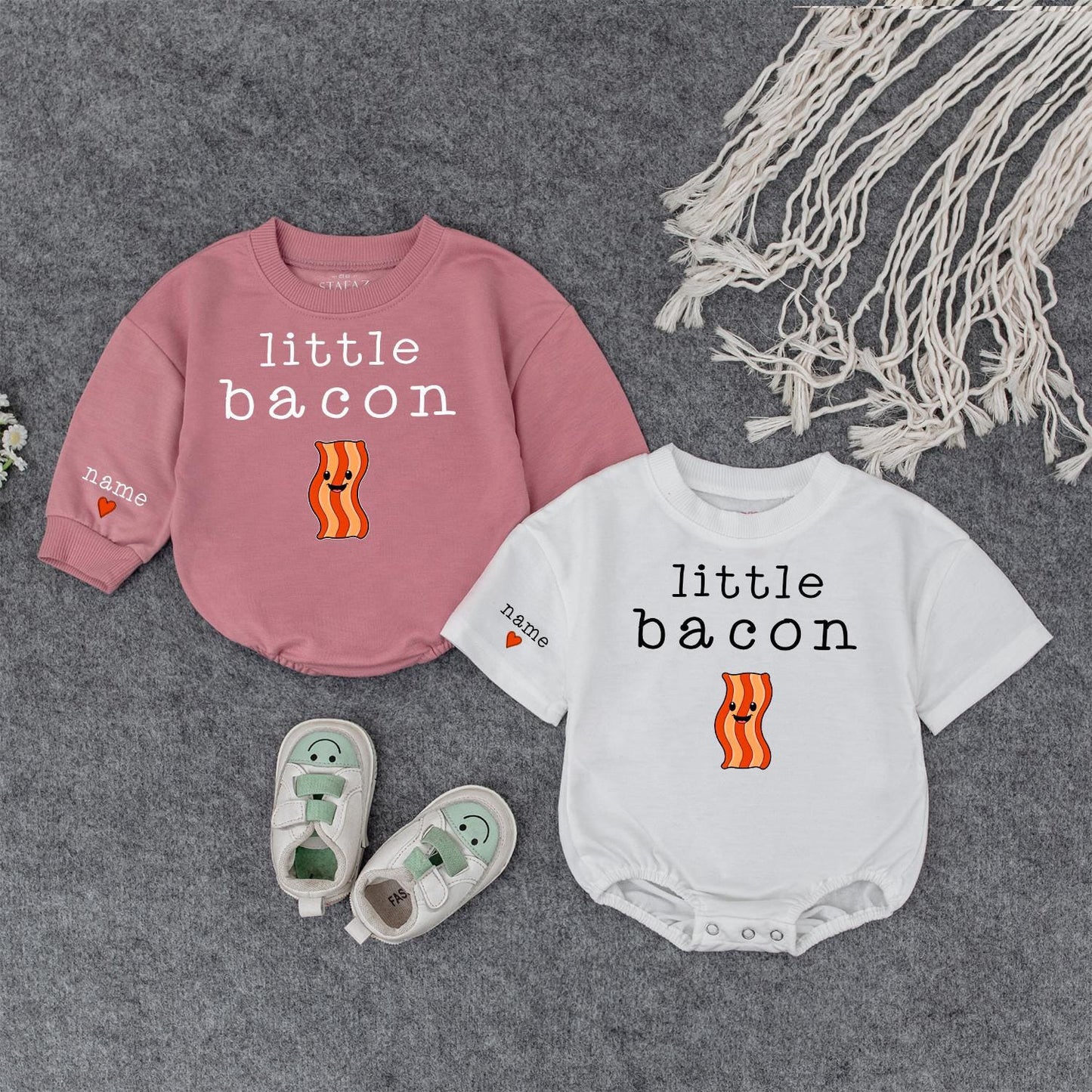 Custom Name Little Bacon Matching Sibling Baby Bodysuit Toddler Sweatshirt Playful Smiling Bacon Funny Food Newborn Gift