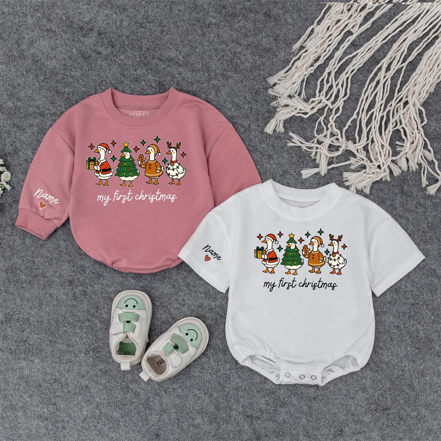 Baby's First Christmas Outfit: Santa Duck Romper & Reindeer Antler Sweatshirt, Personalized Infant Holiday Gift