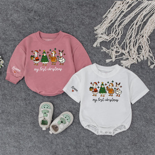 Baby's First Christmas Outfit: Santa Duck Romper & Reindeer Antler Sweatshirt, Personalized Infant Holiday Gift
