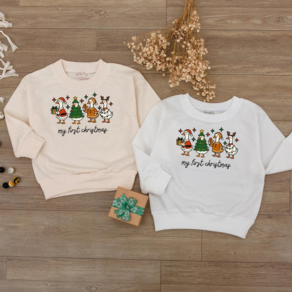 Baby's First Christmas Outfit: Santa Duck Romper & Reindeer Antler Sweatshirt, Personalized Infant Holiday Gift