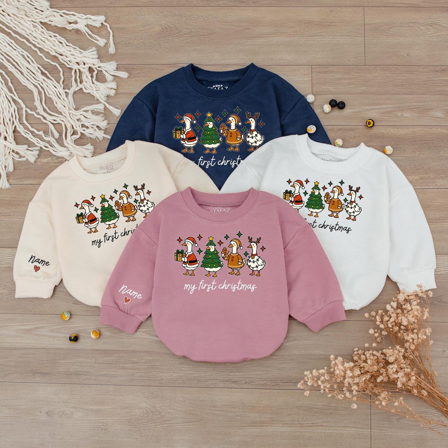 Baby's First Christmas Outfit: Santa Duck Romper & Reindeer Antler Sweatshirt, Personalized Infant Holiday Gift