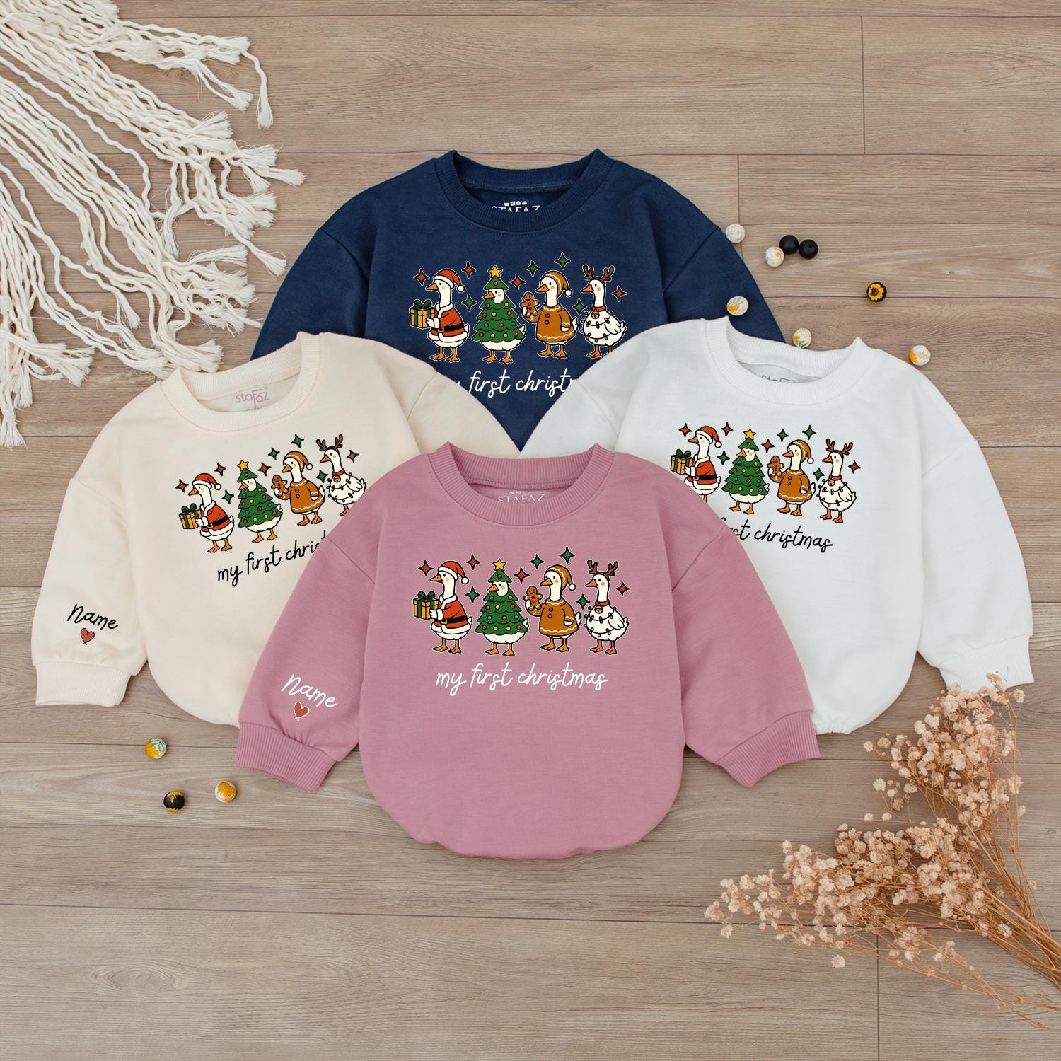 Baby's First Christmas Outfit: Santa Duck Romper & Reindeer Antler Sweatshirt, Personalized Infant Holiday Gift