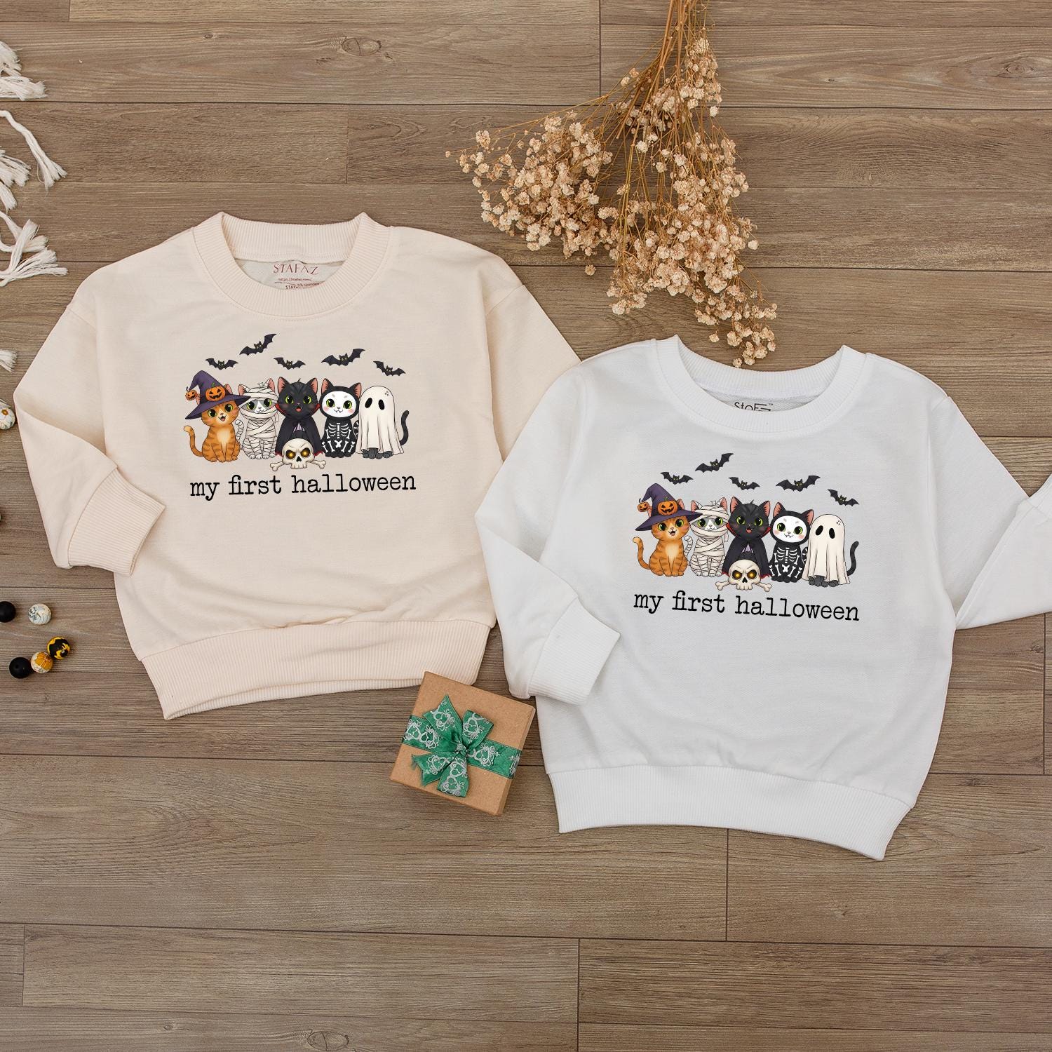 My First Halloween Baby Outfit Cute Cats Ghost Bats Spooky Toddler Infant Sweater Personalized Name Sleeve Newborn Gift