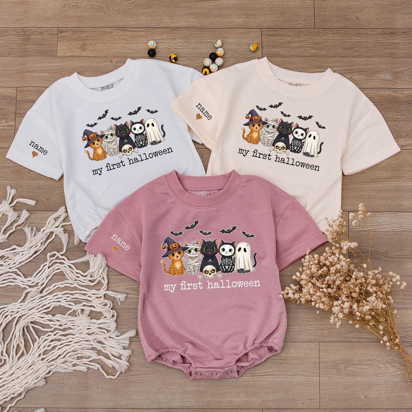My First Halloween Baby Outfit Cute Cats Ghost Bats Spooky Toddler Infant Sweater Personalized Name Sleeve Newborn Gift