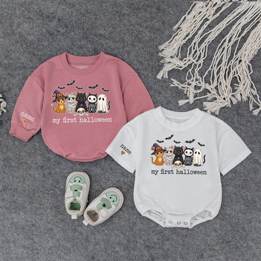My First Halloween Baby Outfit Cute Cats Ghost Bats Spooky Toddler Infant Sweater Personalized Name Sleeve Newborn Gift