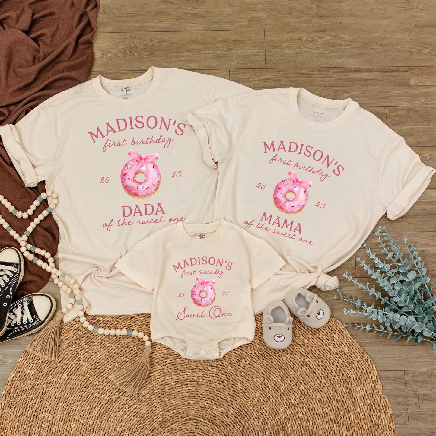 Personalized Sweet One Matching Family T-Shirts Madison's First Birthday Pink Donut Sprinkle Party Outfits for Mom Dad Sister Brother