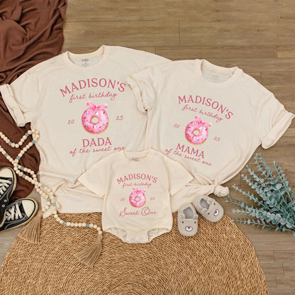 Personalized Sweet One Matching Family T-Shirts Madison's First Birthday Pink Donut Sprinkle Party Outfits for Mom Dad Sister Brother