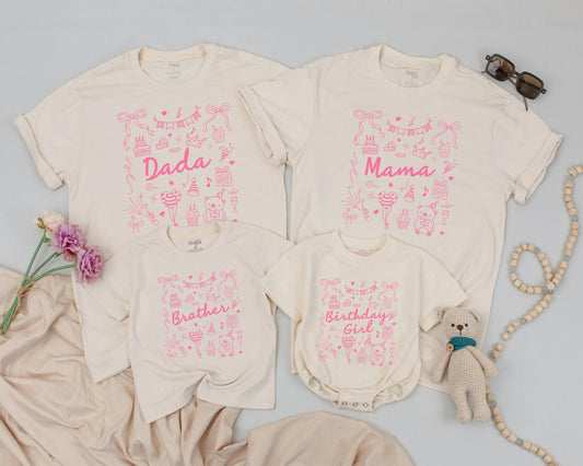 Pink Bow Birthday Girl Matching Family Shirts: Dada, Mama, Brother & Me! First Birthday Outfit Cake Smash Fun, Personalized Party Clothes, One Year Old, Baby