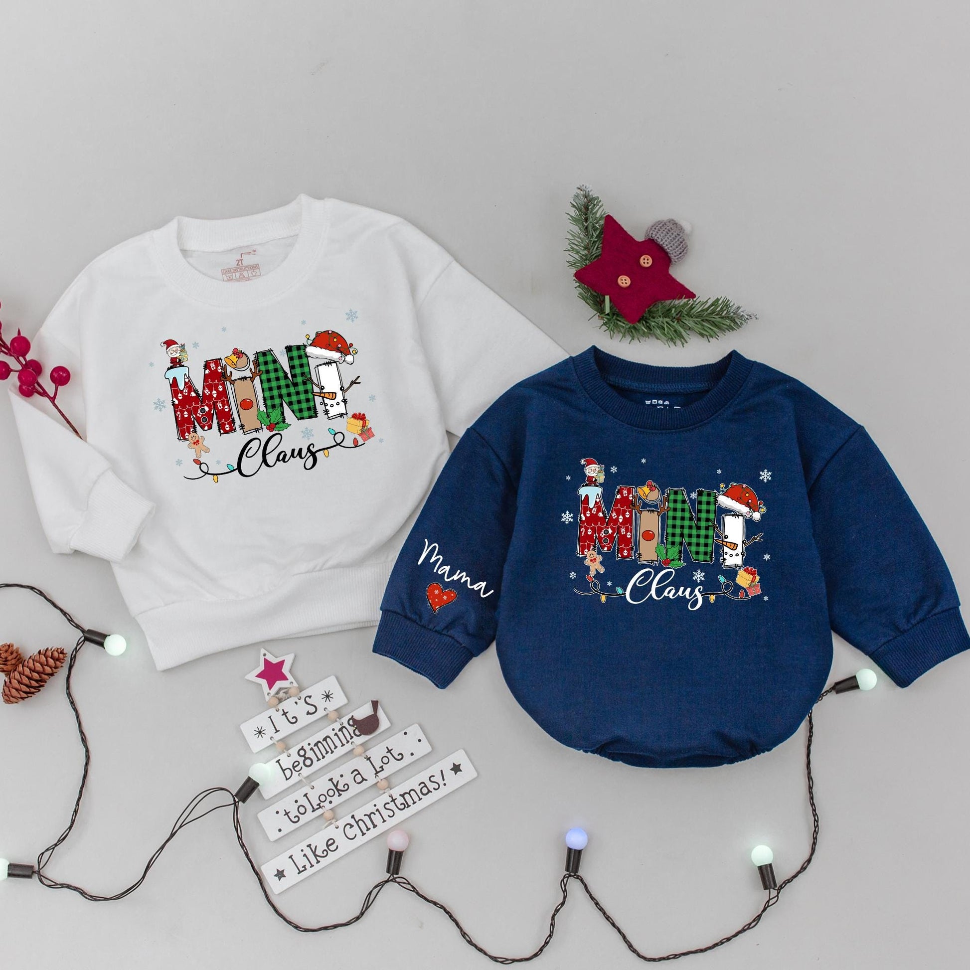 Mama and Mini Claus Matching Christmas Sweatshirts Whimsical Santa Snowman Holiday Outfits Cozy Family Festive Mommy Baby Gift