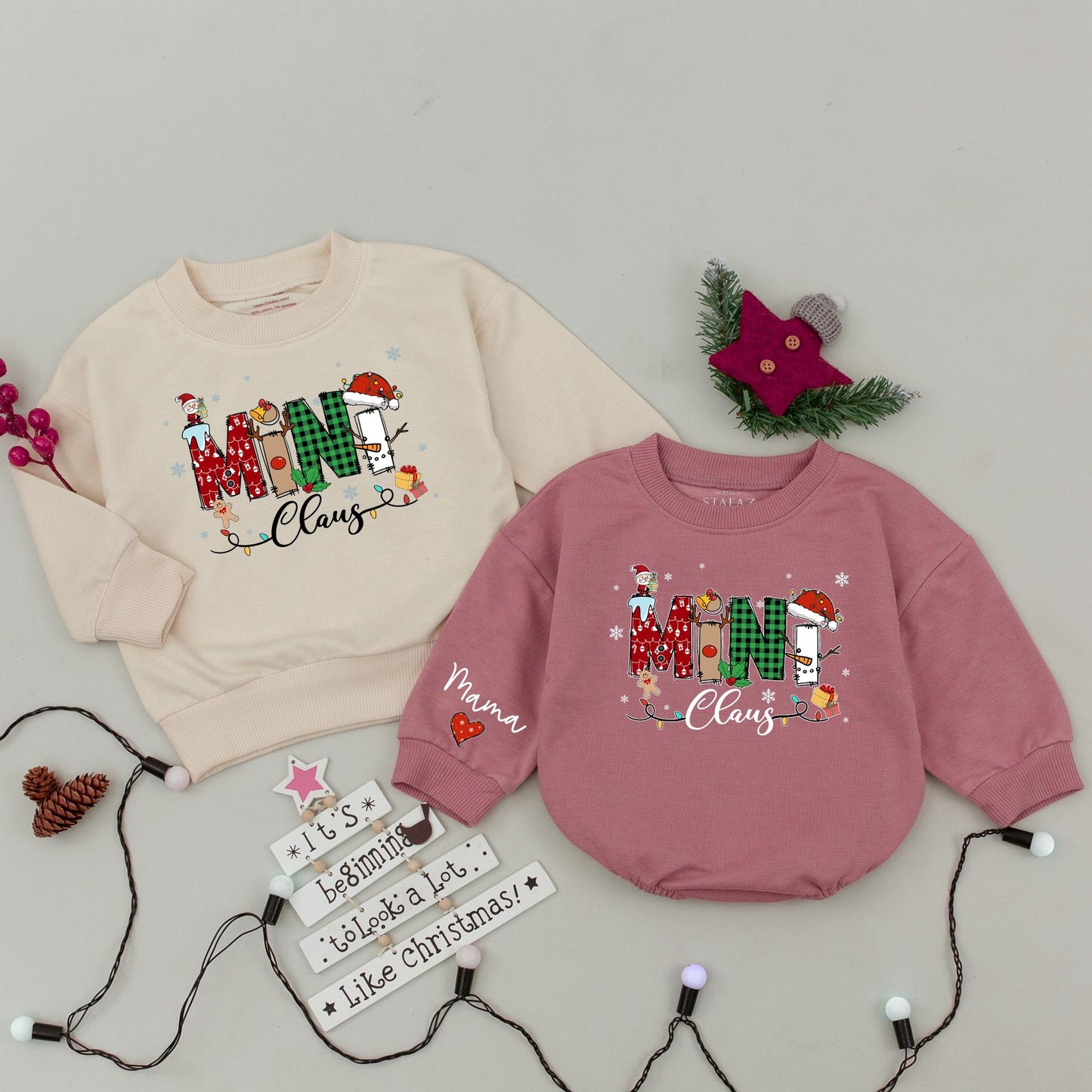 Mama and Mini Claus Matching Christmas Sweatshirts Whimsical Santa Snowman Holiday Outfits Cozy Family Festive Mommy Baby Gift