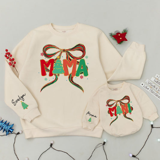 Mama and Mini Christmas Tree Bow Sweatshirt Family Matching Holiday Outfits Custom Evelyn Baby Gift Cozy Xmas