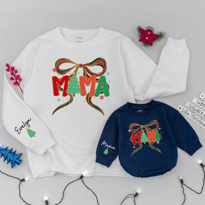 Mama and Mini Christmas Tree Bow Sweatshirt Family Matching Holiday Outfits Custom Evelyn Baby Gift Cozy Xmas