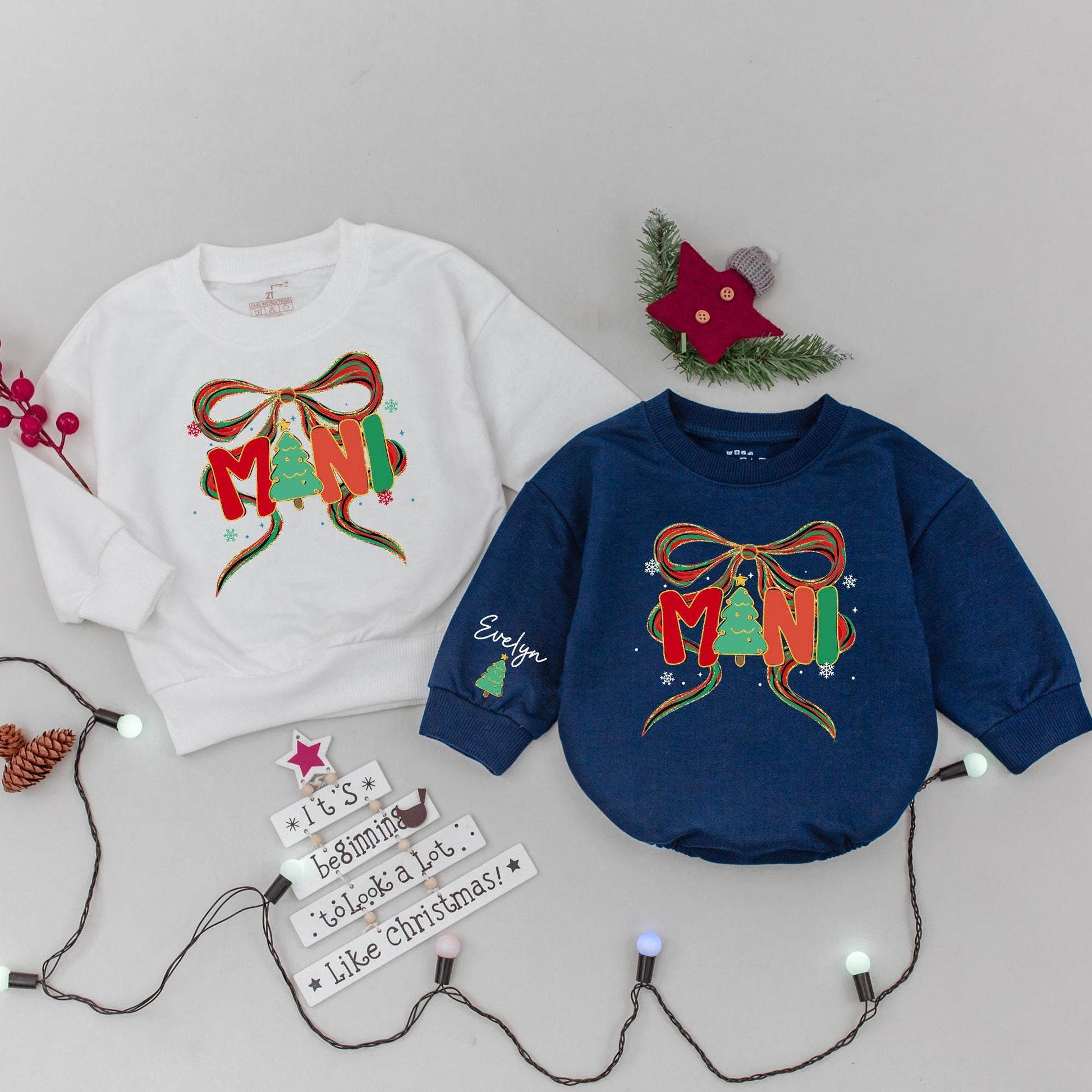 Mama and Mini Christmas Tree Bow Sweatshirt Family Matching Holiday Outfits Custom Evelyn Baby Gift Cozy Xmas