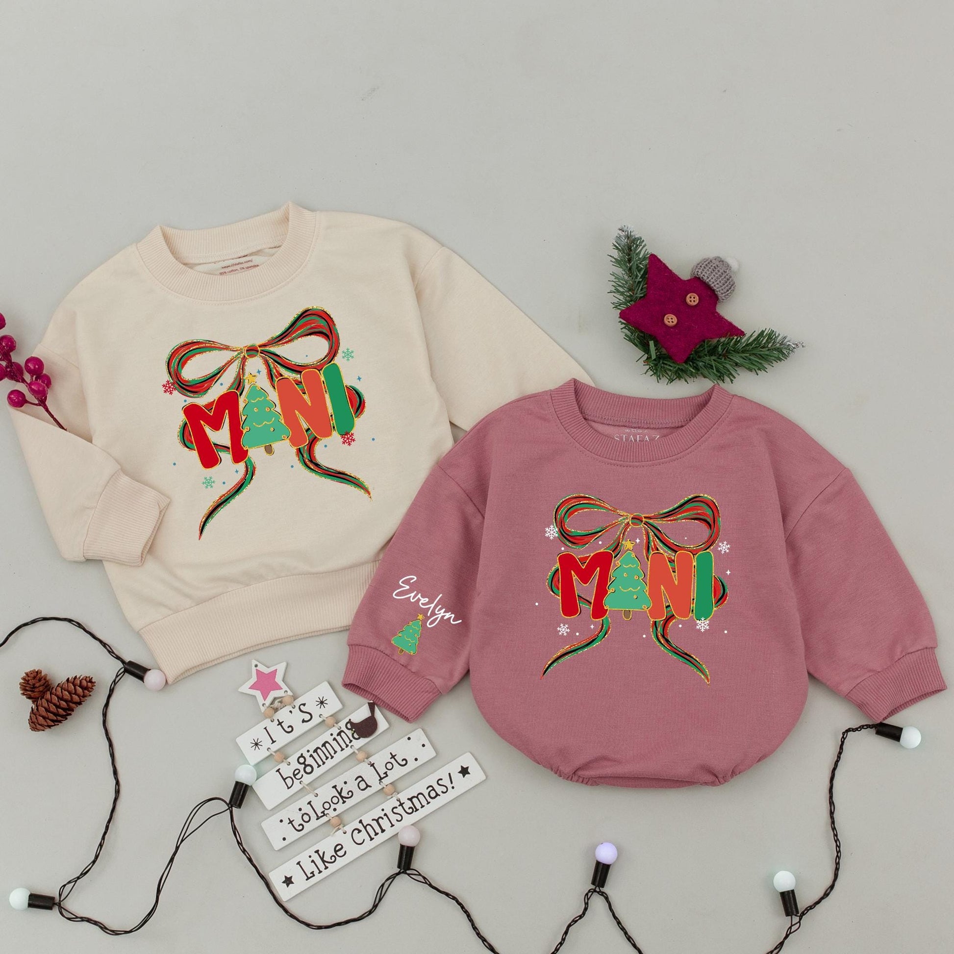 Mama and Mini Christmas Tree Bow Sweatshirt Family Matching Holiday Outfits Custom Evelyn Baby Gift Cozy Xmas