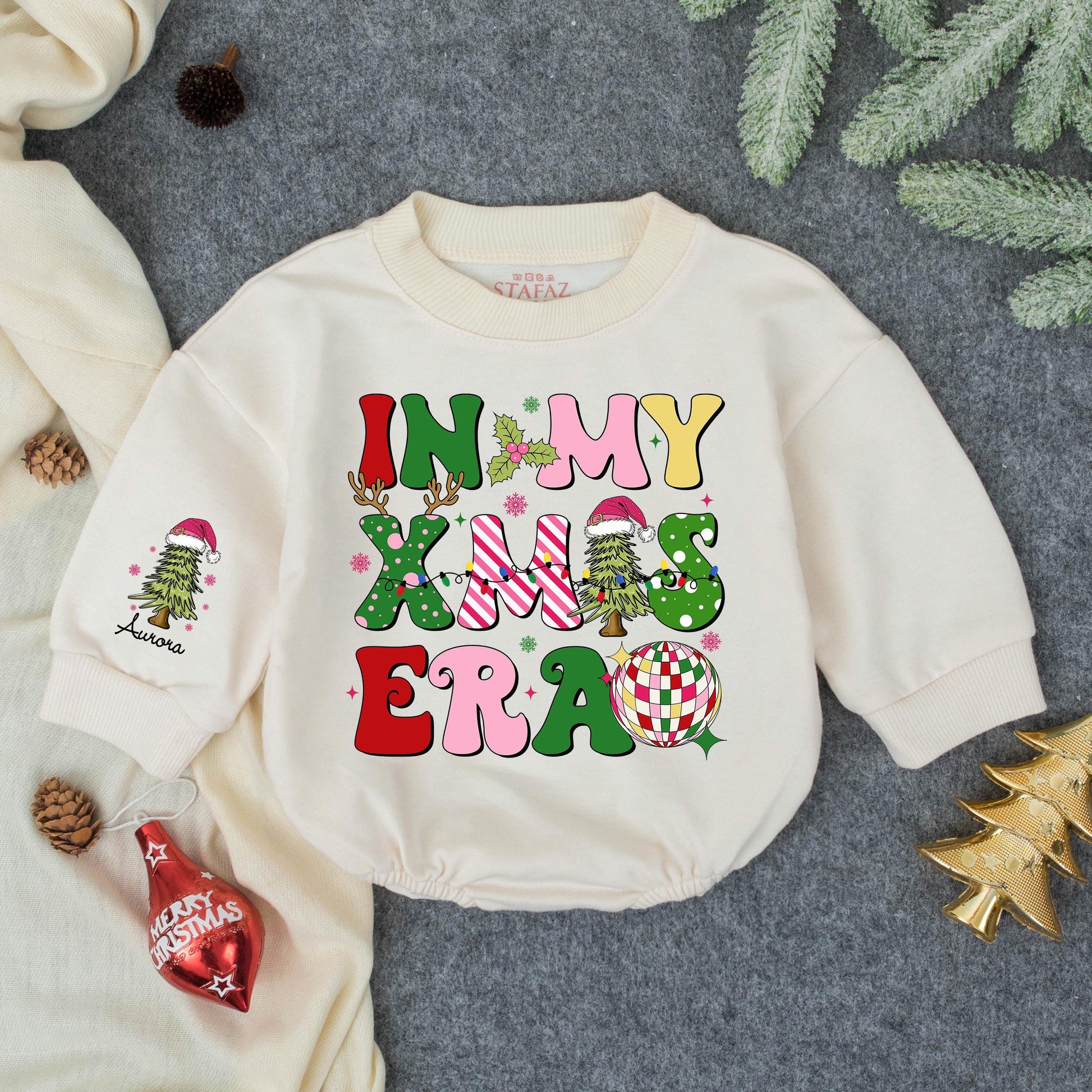 Aurora Groovy Retro Christmas Romper Personalized First Christmas Outfit for Baby Girls with Disco Ball and Trees