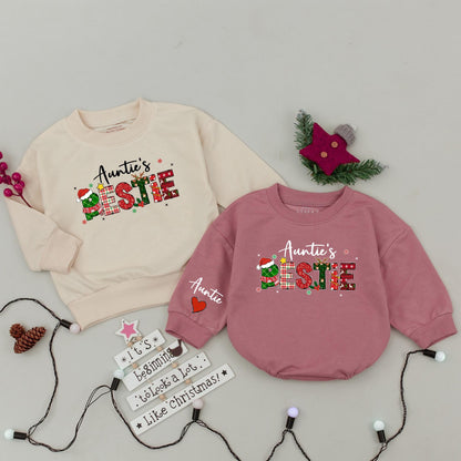Matching Auntie and Auntie's Bestie Christmas Sweatshirt Cozy Holiday Outfits for Family Festive Winter Gifts with Plaid Holly Reindeer Tree Designs