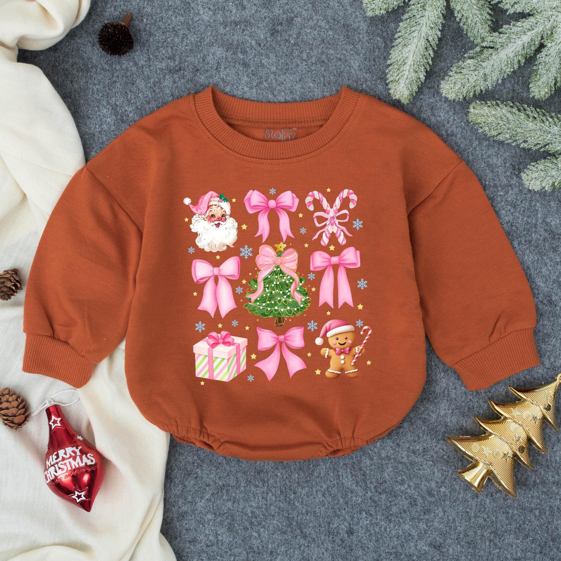 Retro Santa Baby Christmas Romper & Outfit: Pink Bows, Candy Canes, Gingerbread Man, & Snowflake Accents! Cutesy Holiday Gift