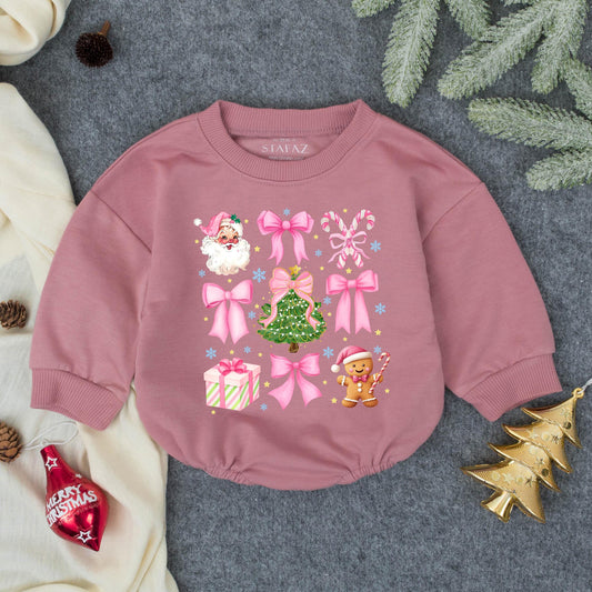 Retro Santa Baby Christmas Romper & Outfit: Pink Bows, Candy Canes, Gingerbread Man, & Snowflake Accents! Cutesy Holiday Gift