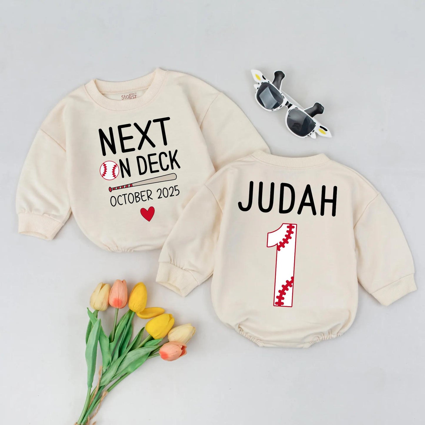 Custom Next on Deck Baby Announcement Romper October 2025 Baseball Theme Coming Home Outfit Personalized Newborn Gift