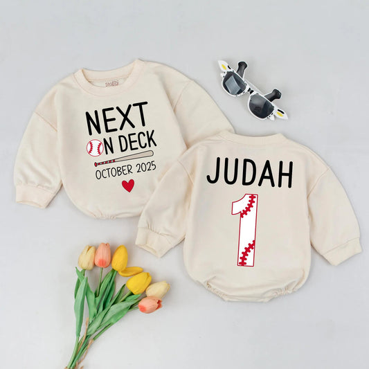 Custom Next on Deck Baby Announcement Romper October 2025 Baseball Theme Coming Home Outfit Personalized Newborn Gift