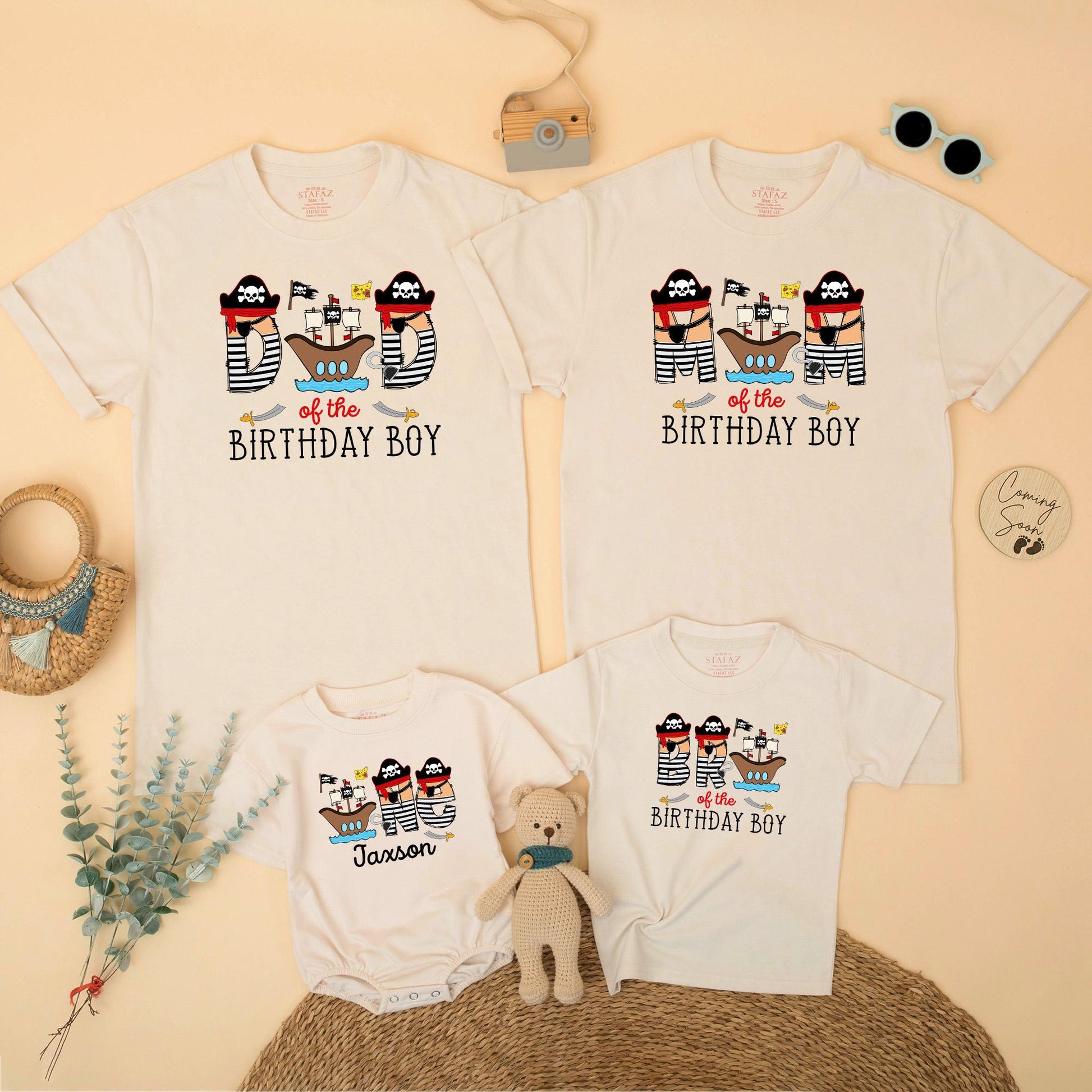 Pirate Themed Family Matching Birthday Shirts for Mom Dad of the Birthday Boy First Celebration Cartoon Ships Hats Flags Baby Toddler Outfit Gift