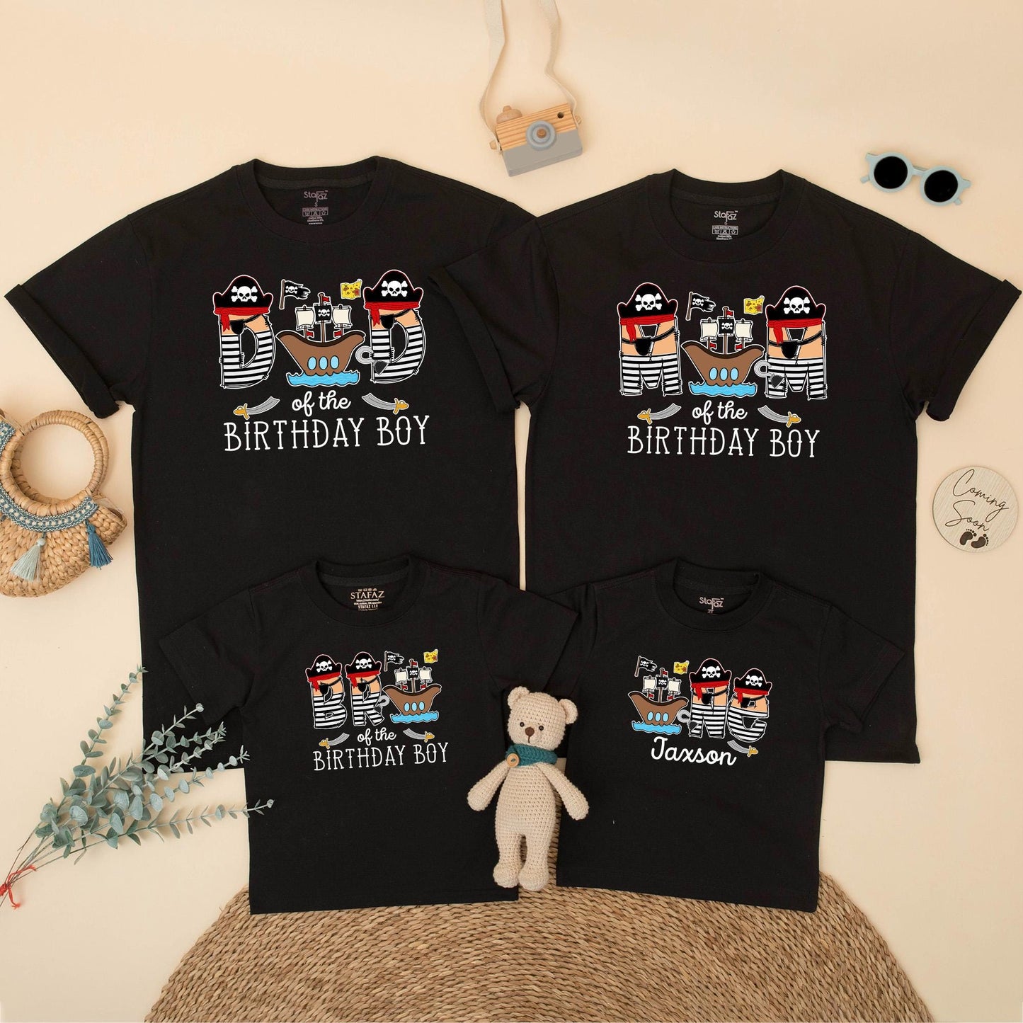 Pirate Themed Family Matching Birthday Shirts for Mom Dad of the Birthday Boy First Celebration Cartoon Ships Hats Flags Baby Toddler Outfit Gift