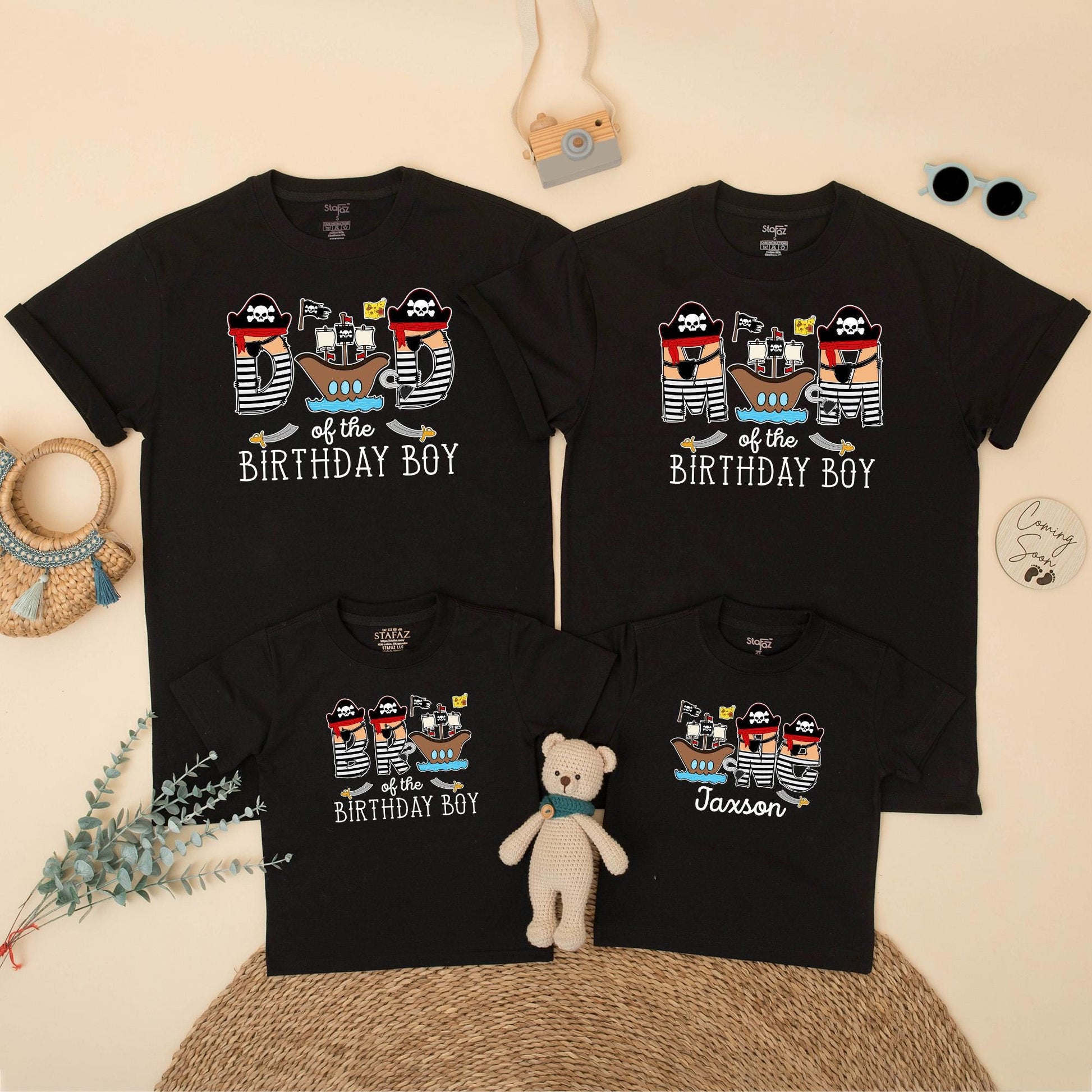 Pirate Themed Family Matching Birthday Shirts for Mom Dad of the Birthday Boy First Celebration Cartoon Ships Hats Flags Baby Toddler Outfit Gift
