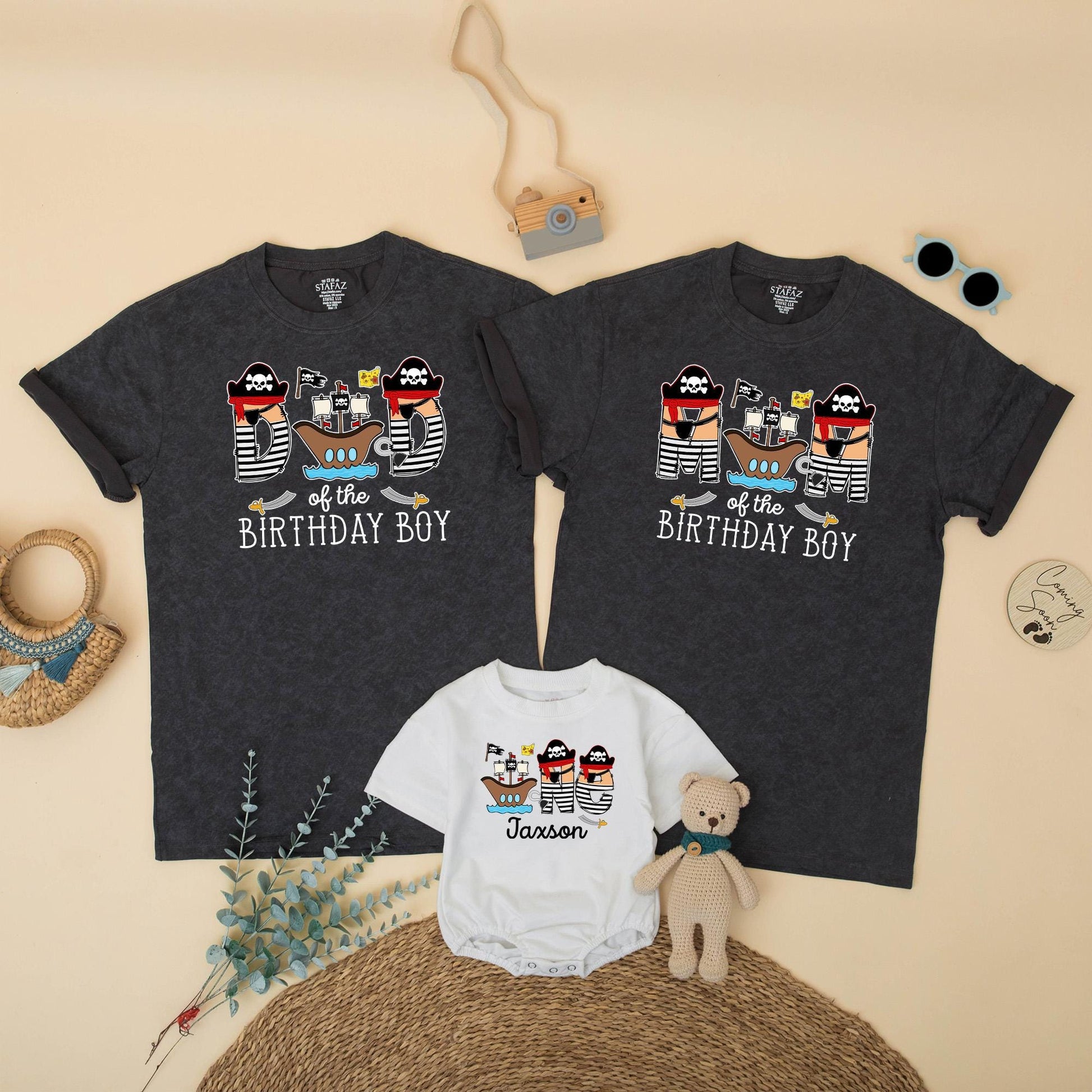 Pirate Themed Family Matching Birthday Shirts for Mom Dad of the Birthday Boy First Celebration Cartoon Ships Hats Flags Baby Toddler Outfit Gift