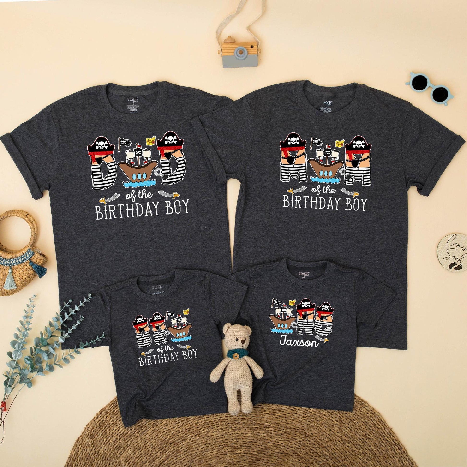 Pirate Themed Family Matching Birthday Shirts for Mom Dad of the Birthday Boy First Celebration Cartoon Ships Hats Flags Baby Toddler Outfit Gift