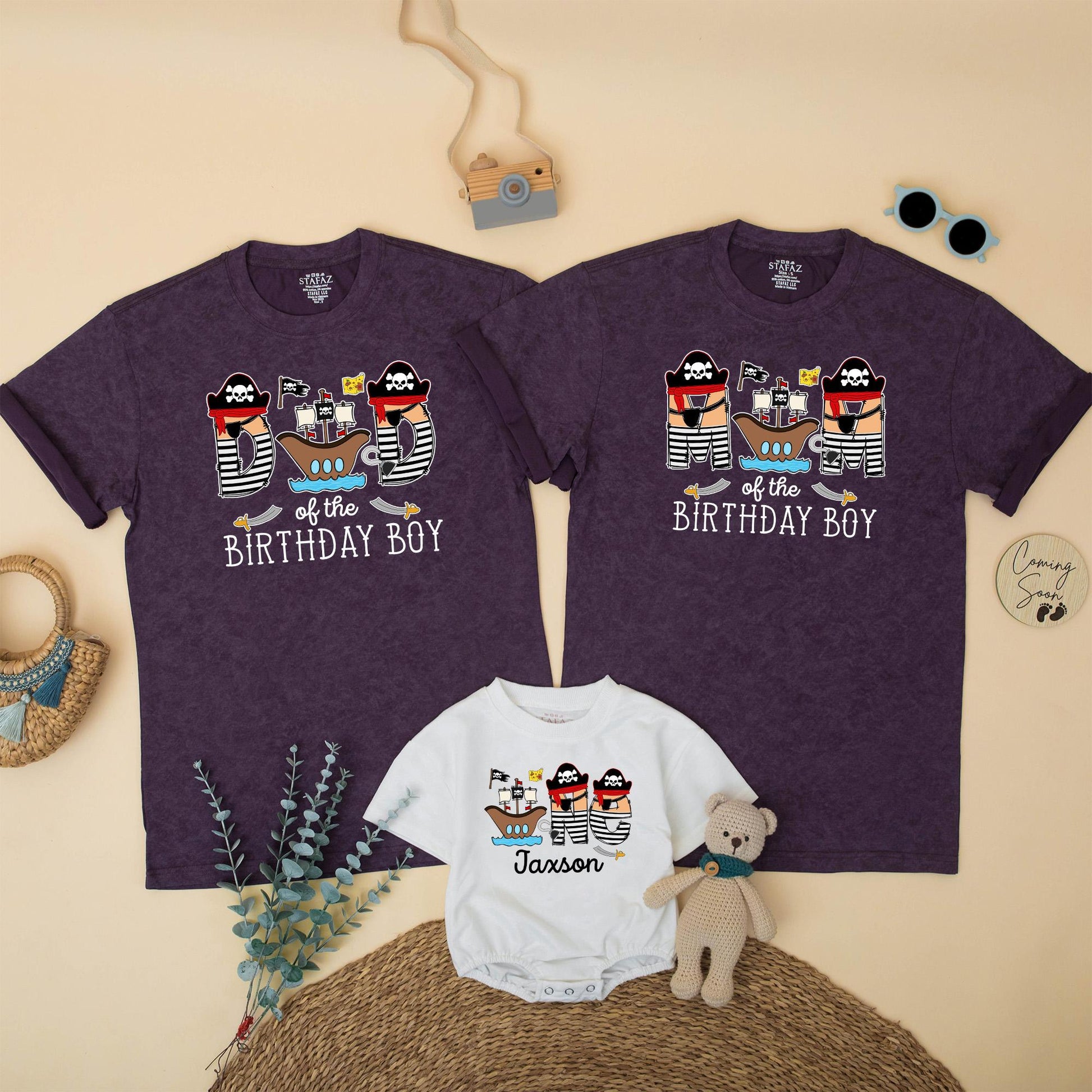 Pirate Themed Family Matching Birthday Shirts for Mom Dad of the Birthday Boy First Celebration Cartoon Ships Hats Flags Baby Toddler Outfit Gift